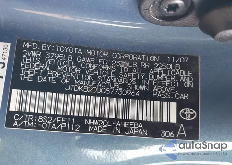 2008 Toyota Prius z USA, uszkodzony, nr VIN JTDKB20U087730964